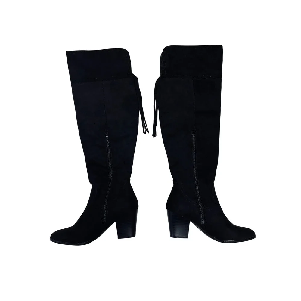 Andrew Geller Guava Boots 7M Black Faux Suede Over The Knee Fringe Block Heel